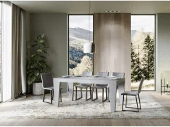 Mesa de comedor extensible de madera Kristo patas en V-Color Gris cemento-Base y soporte con ruedas-Alargaderas -Ancho extensible