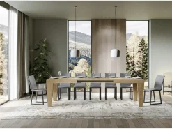 Mesa de comedor extensible de madera Kristo patas en V-Color Natural-Base y soporte con ruedas-Alargaderas -Ancho extensible