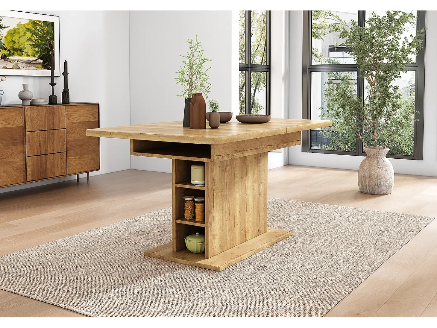 Mesa de comedor extensible para 4 a 6 personas con estantes de almacenamiento - 110/130 x 70 x 75 cm - Tablero de partículas - Natural
