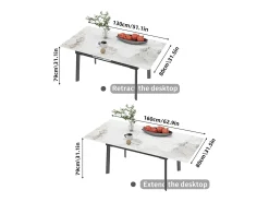Mesa de comedor extensible de piedra sinterizada con efecto mármol blanco para 4 a 8 comensales 130-160cm