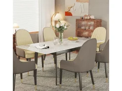 Mesa de comedor extensible de piedra sinterizada con efecto mármol blanco para 4 a 8 comensales 130-160cm