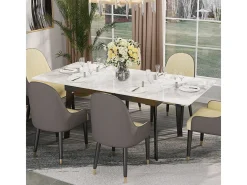 Mesa de comedor extensible de piedra sinterizada con efecto mármol blanco para 4 a 8 comensales 130-160cm