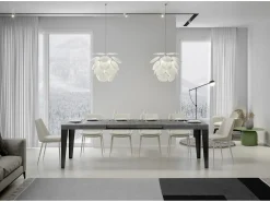 Mesa de comedor extensible Flavio-Color Gris cemento-Soporte 4 pies-5 alargaderas finas-Ancho extensible
