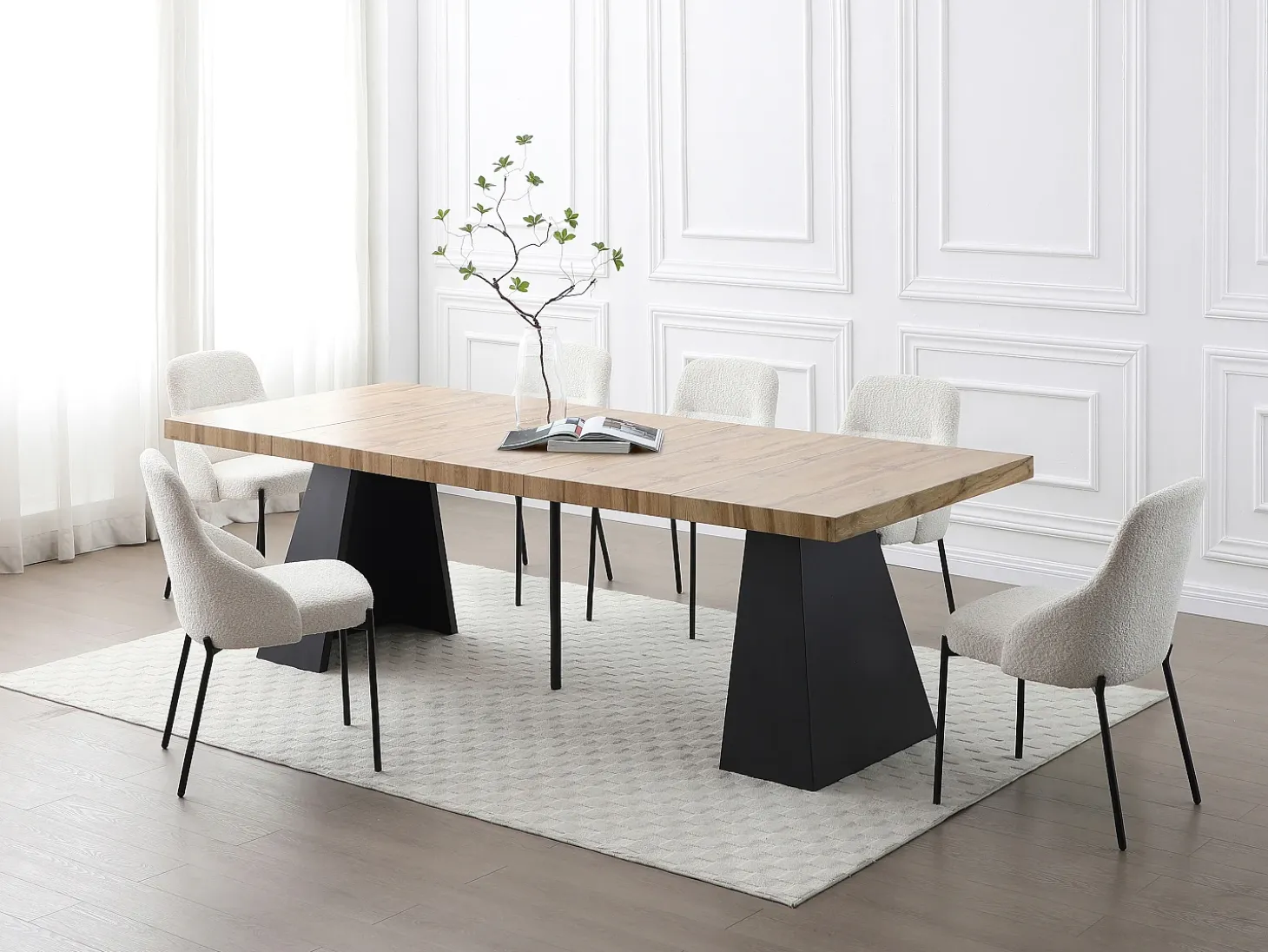 Mesa de comedor extensible de 4 a 10 personas en MDF y metal - Natural y Negro - EMELIA