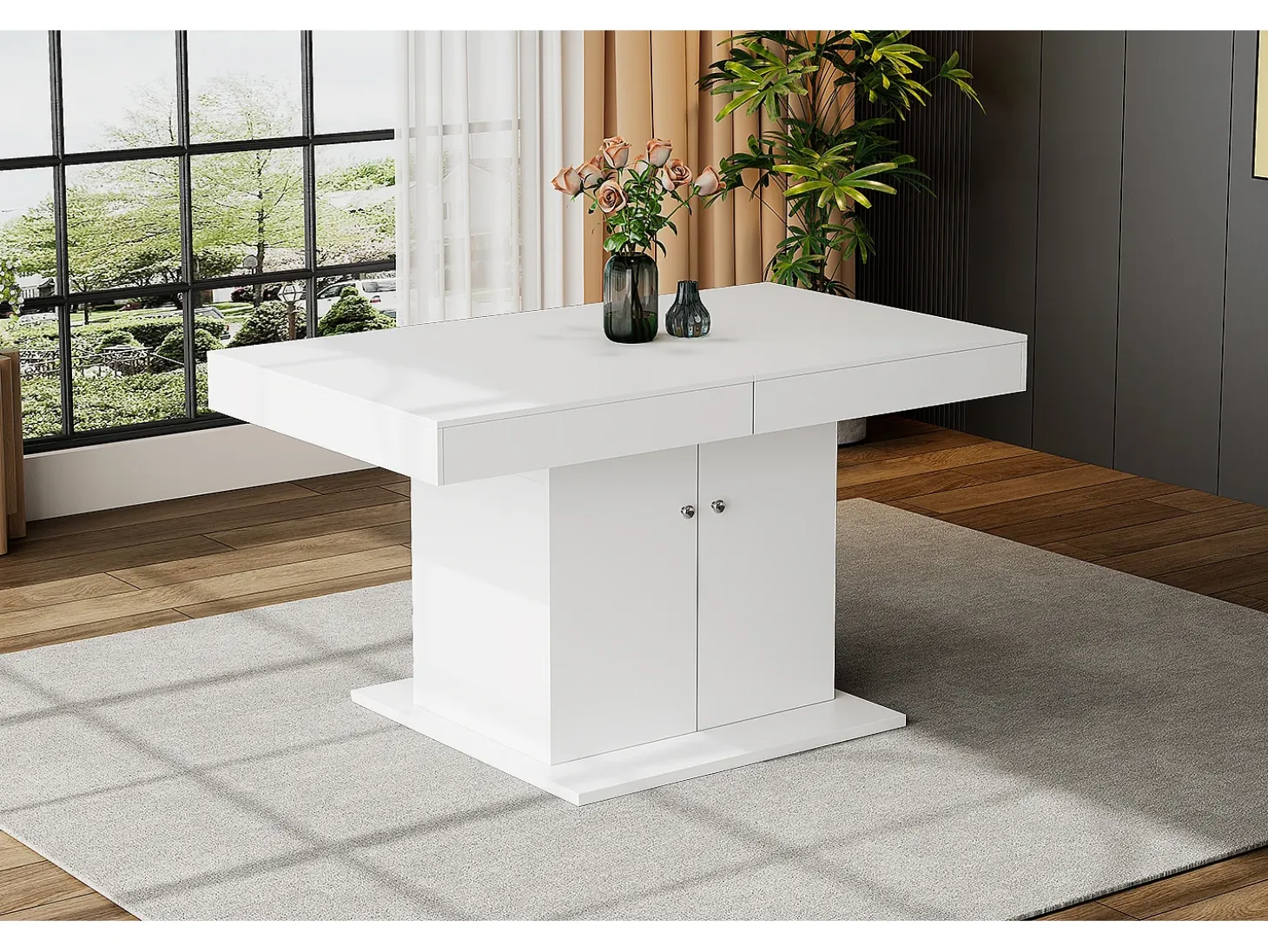 Mesa de comedor extensible - 4 a 8 personas - con espacio de almacenamiento - Tablero de partículas blancas - 140/180x80x76cm