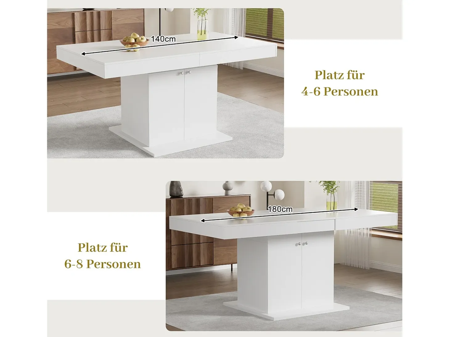 Mesa de comedor extensible - 4 a 8 personas - con espacio de almacenamiento - Tablero de partículas blancas - 140/180x80x76cm