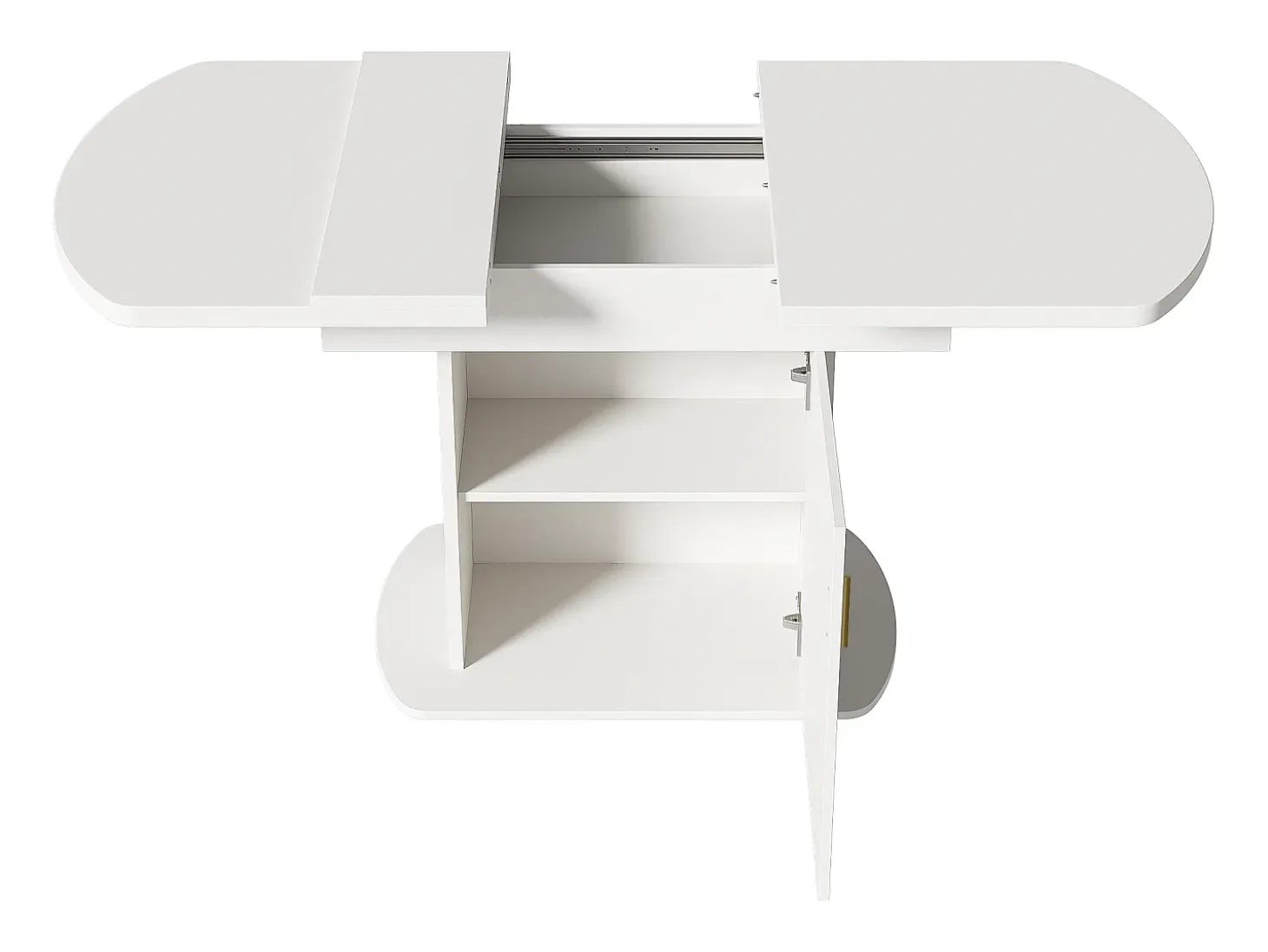 Mesa de comedor extensible ovalada con almacenaje - tirador dorado - Blanco 110(130)x70x75cm