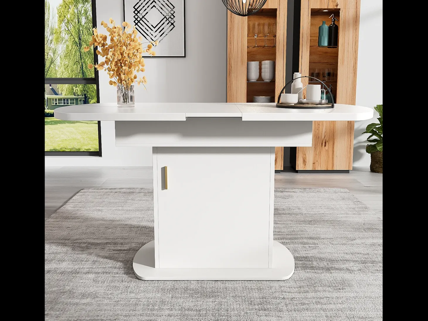 Mesa de comedor extensible ovalada con almacenaje - tirador dorado - Blanco 110(130)x70x75cm