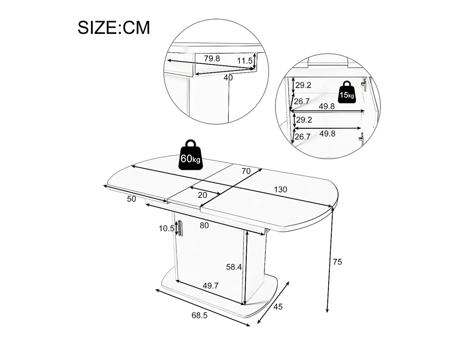 Mesa de comedor extensible ovalada con almacenaje - tirador dorado - Blanco 110(130)x70x75cm