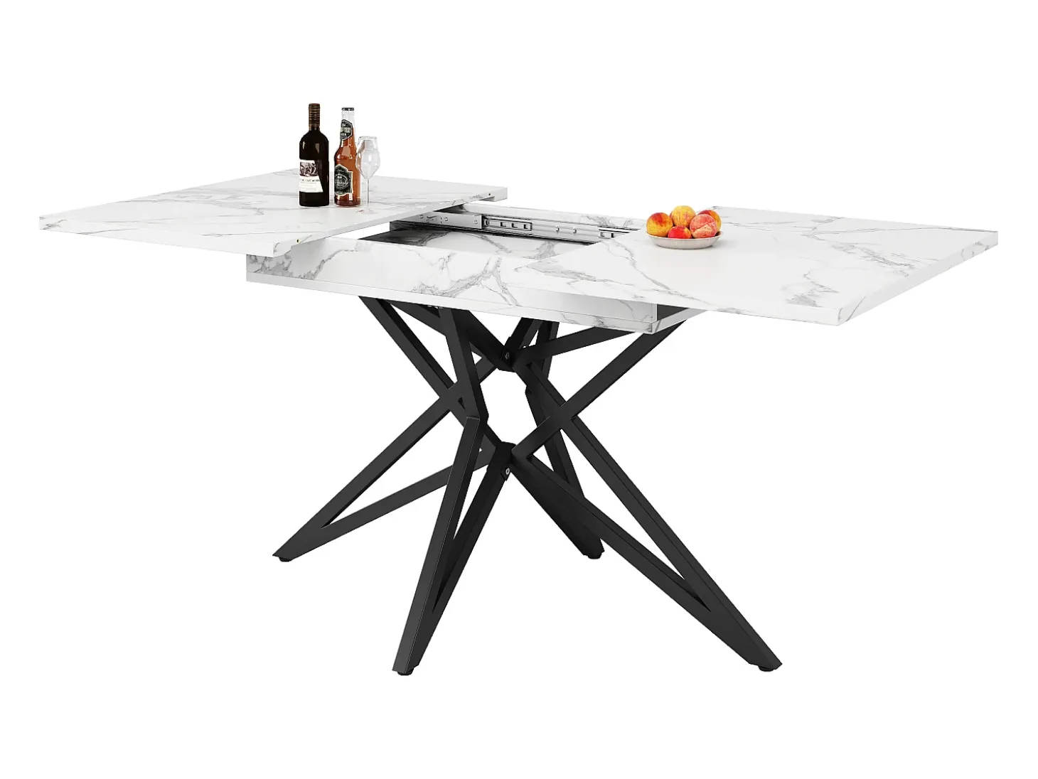 Mesa de comedor extensible, diseño de estrella, MDF y metal, color blanco (120x80x66,1cm)
