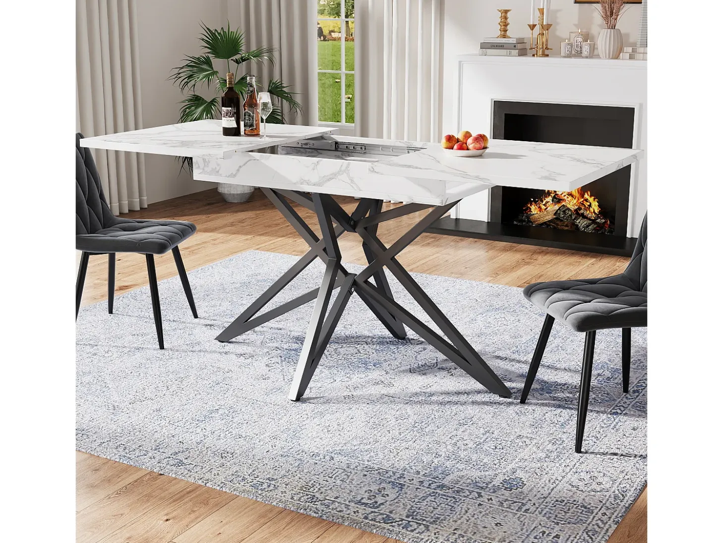 Mesa de comedor extensible, diseño de estrella, MDF y metal, color blanco (120x80x66,1cm)