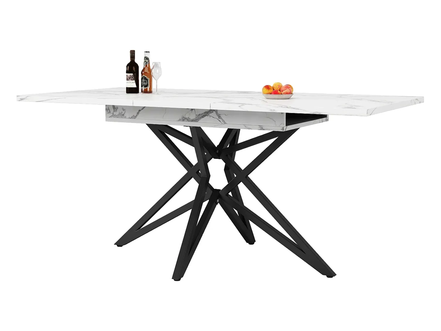 Mesa de comedor extensible, diseño de estrella, MDF y metal, color blanco (120x80x66,1cm)