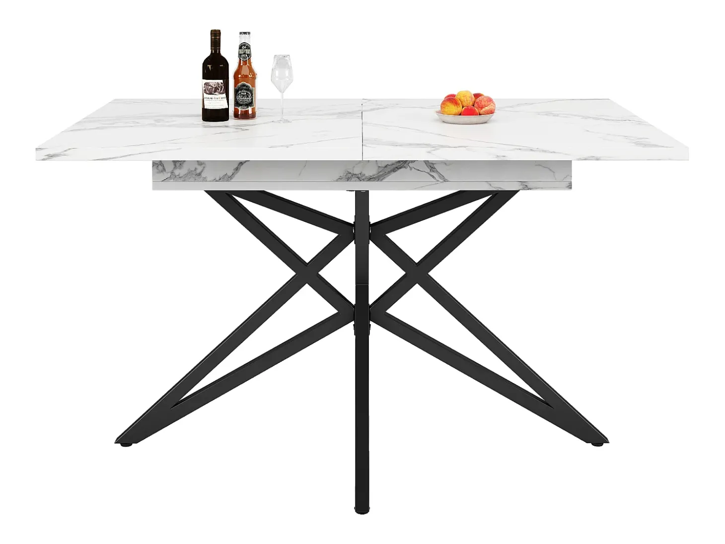 Mesa de comedor extensible, diseño de estrella, MDF y metal, color blanco (120x80x66,1cm)