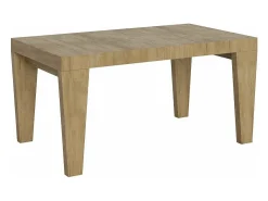 Mesa de comedor extensible de madera Kristo patas en V-Color Natural-Base y soporte con ruedas-5 alargaderas finas-Ancho extensible