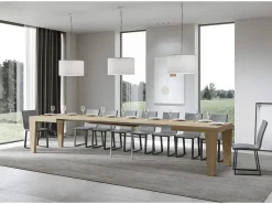 Mesa de comedor extensible de madera Kristo patas en V-Color Natural-Base y soporte con ruedas-5 alargaderas finas-Ancho extensible