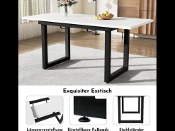 Mesa de comedor extensible, diseño industrial, robusta, fabricada en MDF, estructura de metal, estilo moderno, color blanco y negro (140/180x80x75 cm)