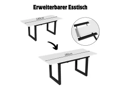 Mesa de comedor extensible, diseño industrial, robusta, fabricada en MDF, estructura de metal, estilo moderno, color blanco y negro (140/180x80x75 cm)