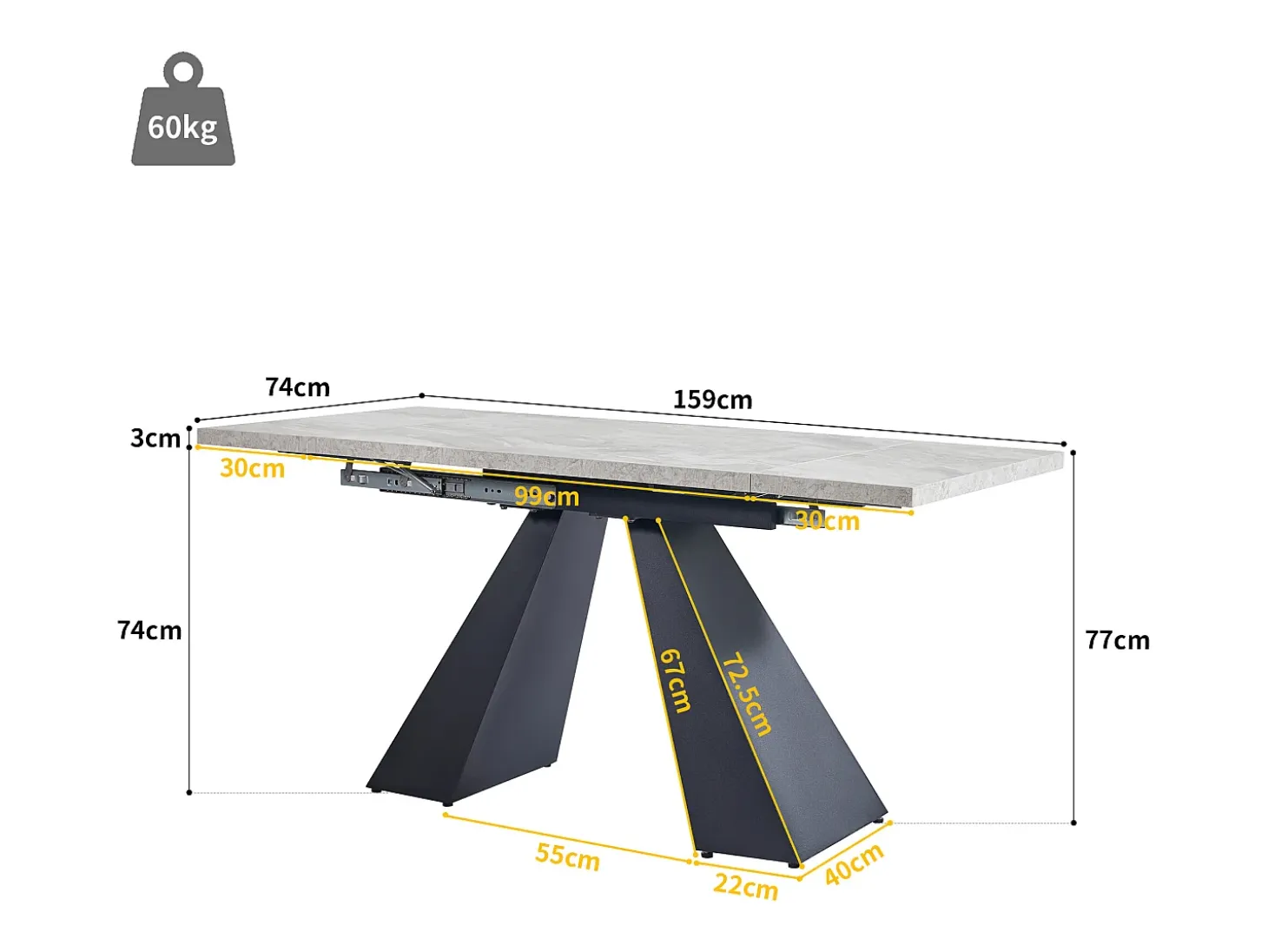 Mesa de comedor extensible - 99-159 x 74 x 77 cm - Tablero efecto mármol - MDF y metal - Gris + negro