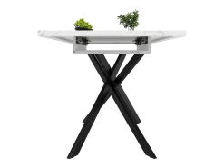 Mesa de comedor extensible para 6-8 personas 160x80cm en MDF con patas cruzadas, chapa de mármol blanco con pata negra