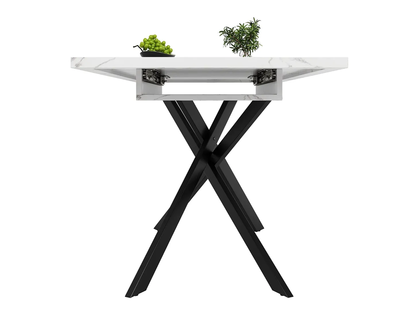 Mesa de comedor extensible para 6-8 personas 160x80cm en MDF con patas cruzadas, chapa de mármol blanco con pata negra