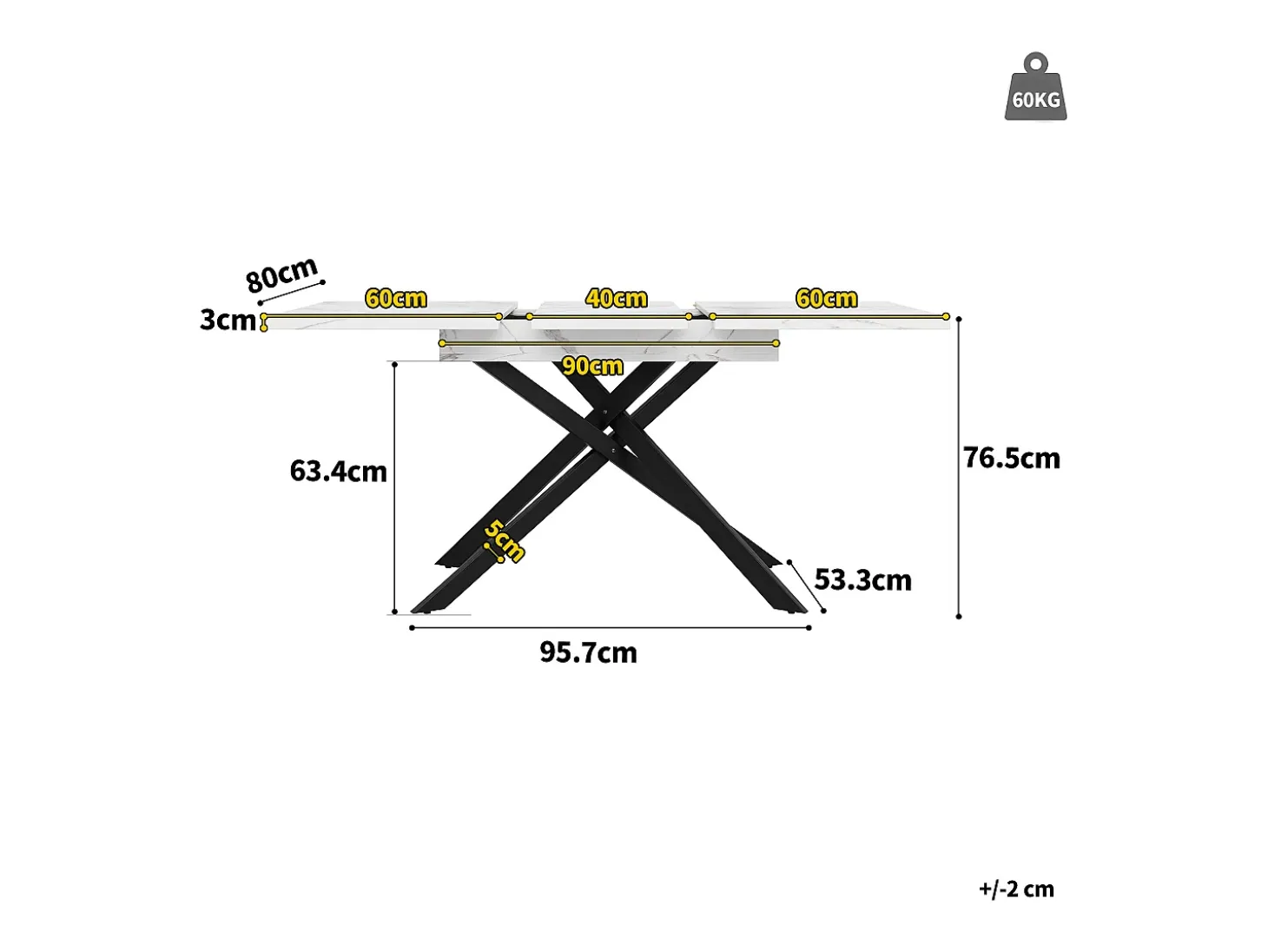 Mesa de comedor extensible para 6-8 personas 160x80cm en MDF con patas cruzadas, chapa de mármol blanco con pata negra