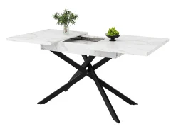 Mesa de comedor extensible para 6-8 personas 160x80cm en MDF con patas cruzadas, chapa de mármol blanco con pata negra