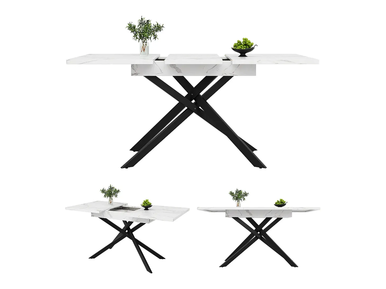 Mesa de comedor extensible para 6-8 personas 160x80cm en MDF con patas cruzadas, chapa de mármol blanco con pata negra