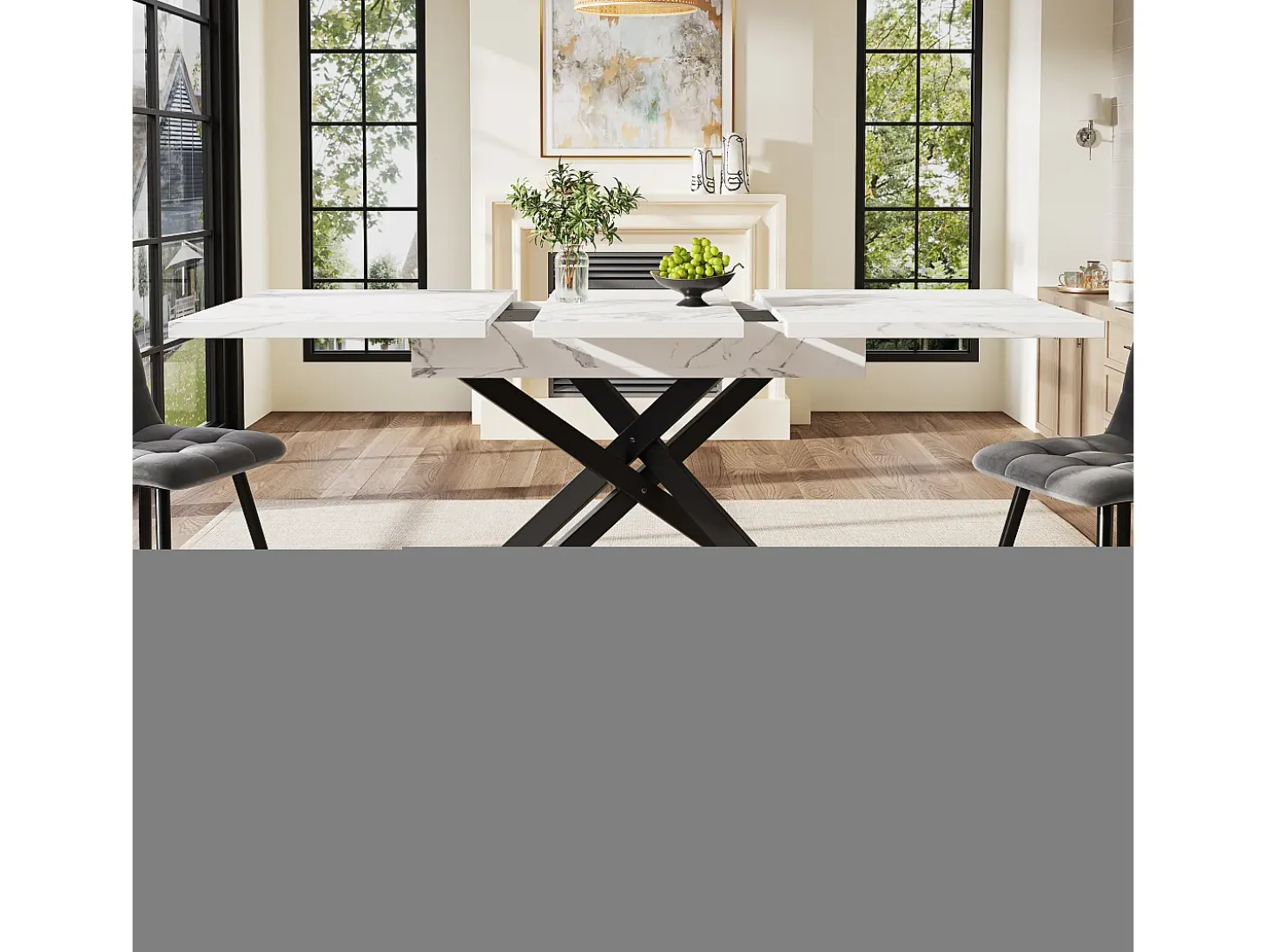 Mesa de comedor extensible para 6-8 personas 160x80cm en MDF con patas cruzadas, chapa de mármol blanco con pata negra