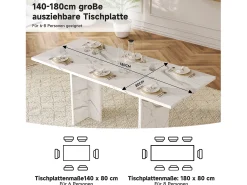 Mesa de comedor extensible - 140/180 x 80 x 75 cm - para 6 a 8 personas - estilo minimalista - MDF - mármol blanco
