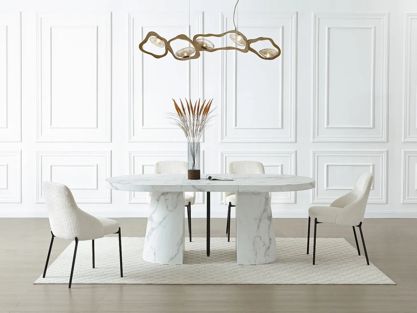 Mesa de comedor extensible de 6 a 12 personas en MDF - Efecto mármol blanco - CLOEVA