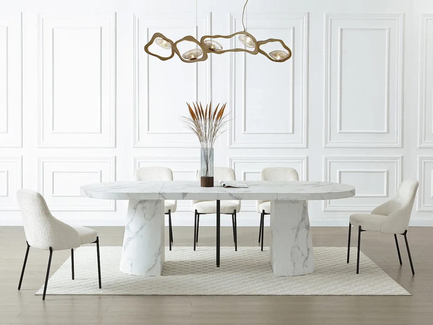 Mesa de comedor extensible de 6 a 12 personas en MDF - Efecto mármol blanco - CLOEVA