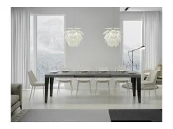 Mesa de comedor extensible Flavio-Color Gris cemento-Soporte 2 pies-5 alargaderas finas-Ancho extensible