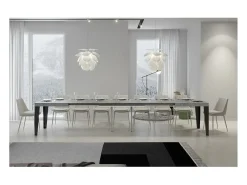 Mesa de comedor extensible Flavio-Color Gris cemento-Soporte 2 pies-5 alargaderas finas-Ancho extensible