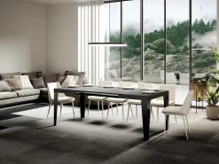 Mesa de comedor extensible Flavio-Color Gris cemento-Soporte 2 pies-5 alargaderas finas-Ancho extensible