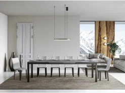 Mesa de comedor extensible Karry evolución-Color Gris cemento-Base y soporte con ruedas-Ancho extensible