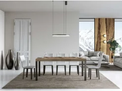 Mesa de comedor extensible Karry-Color Gris cemento-Base y soporte con ruedas-Ancho extensible