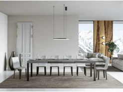 Mesa de comedor extensible Karry-Color Gris cemento-Base y soporte con ruedas-Ancho extensible