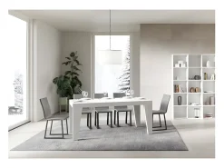 Mesa de comedor extensible de madera Naxo.-Color Blanco-Soporte 2 pies-5 alargaderas finas-Ancho extensible