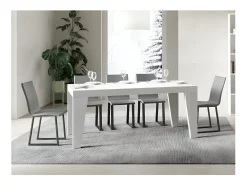Mesa de comedor extensible de madera Naxo.-Color Blanco-Soporte 2 pies-5 alargaderas finas-Ancho extensible