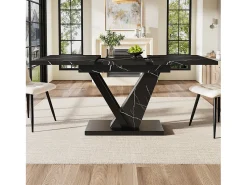 Mesa de comedor extensible (120-160×75×75,5 cm), MDF+Metal, con estampado de mármol negro