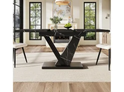 Mesa de comedor extensible (120-160×75×75,5 cm), MDF+Metal, con estampado de mármol negro