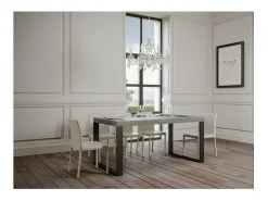 Mesa de comedor extensible tiroz-Color Gris cemento-Base y soporte con ruedas-5 alargaderas finas-Ancho extensible