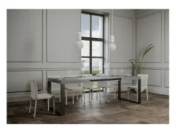 Mesa de comedor extensible tiroz-Color Gris cemento-Base y soporte con ruedas-5 alargaderas finas-Ancho extensible