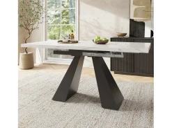 Mesa de comedor extensible - 99-159 x 74 x 77 cm - Tablero efecto mármol - MDF y metal - Blanco + negro