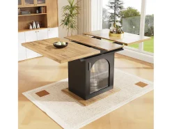 Mesa de comedor extensible en color blanco - Mesa de comedor con tres compartimentos de almacenamiento y puertas de cristal