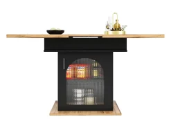 Mesa de comedor extensible para 6-8 personas con 1 puerta de cristal, tablero de chapa de madera veteada natural clara, cuerpo negro - 110/140x80x76cm