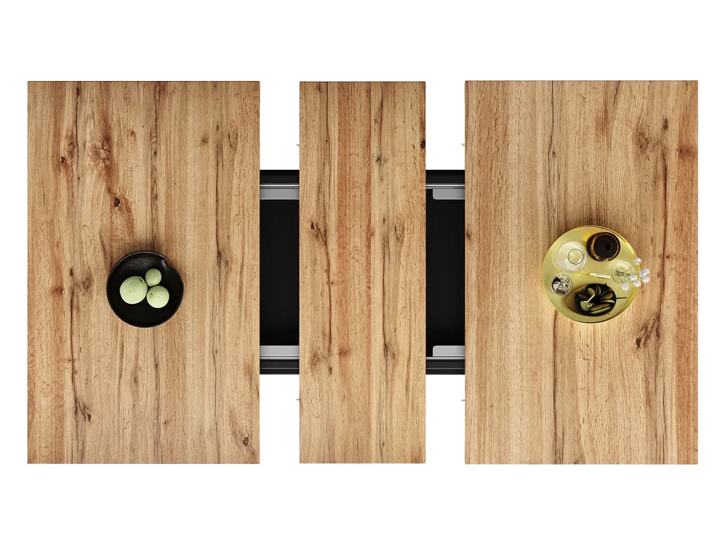 Mesa de comedor extensible para 6-8 personas con 1 puerta de cristal, tablero de chapa de madera veteada natural clara, cuerpo negro - 110/140x80x76cm