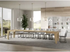 Mesa de comedor extensible de madera Naxo.-Color Natural-Soporte 4 pies-5 alargaderas finas-Ancho extensible
