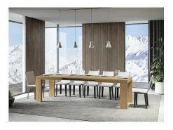 Mesa de comedor extensible de madera Ribo-Color Natural-Base y soporte con ruedas-Alargaderas -Ancho extensible