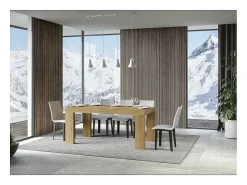 Mesa de comedor extensible de madera Ribo-Color Natural-Base y soporte con ruedas-Alargaderas -Ancho extensible